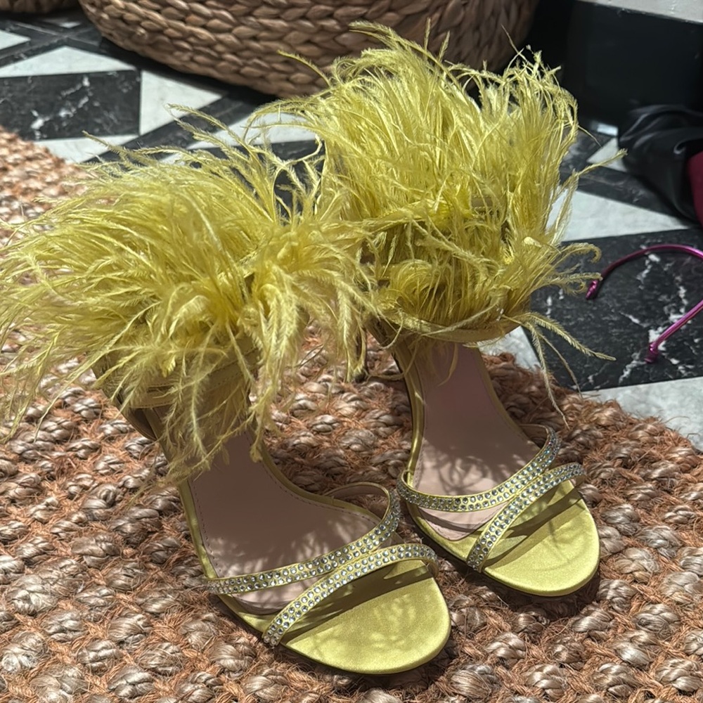 Nina Yellow Feathered Heels Statement Shoes